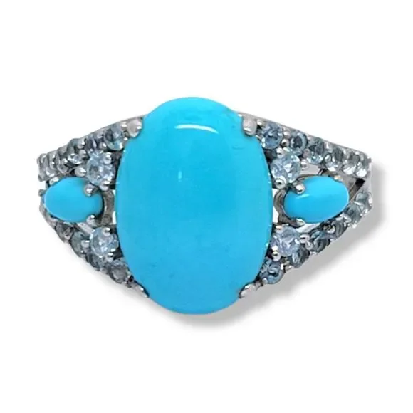 Platinum on Sterling Silver Oval Cabochon Sleep Beauty Turquoise Blue Topaz Ring - Picture 1 of 6